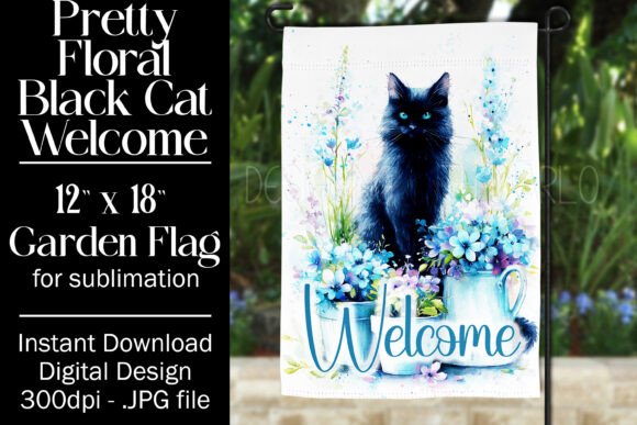 Black Cat Floral Garden Flag Sublimation