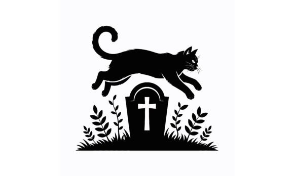 Black Cat Jumping over Tombstone Graphic