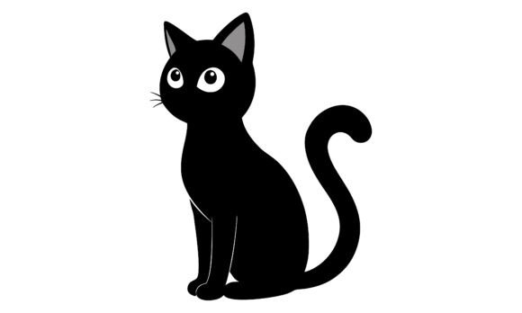 Black Cat Sitting Illustration on White