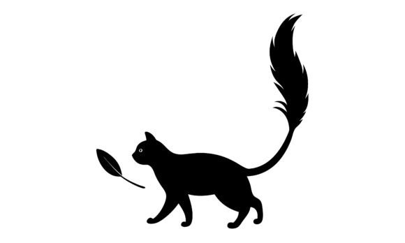 Black Cat with Feather Tail Silhouette
