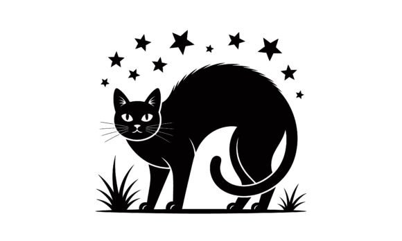 Black Cat with Stars Vector Illustration