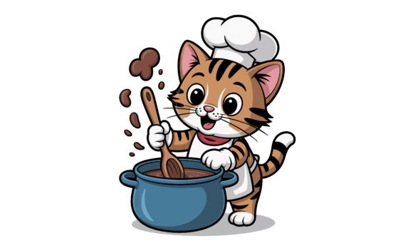 Cartoon Chef Cat Cooking in a Pot