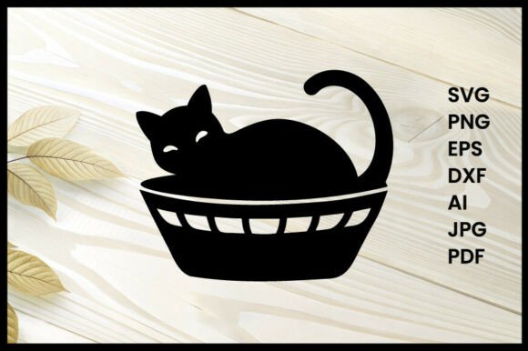Cat Curled in Basket Silhouette Vector