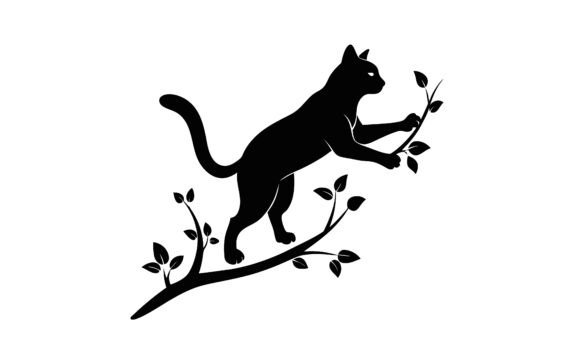 Cat Silhouette Climbing a Tree Branch