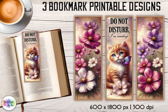 Floral Bookmark with Cute Kitten