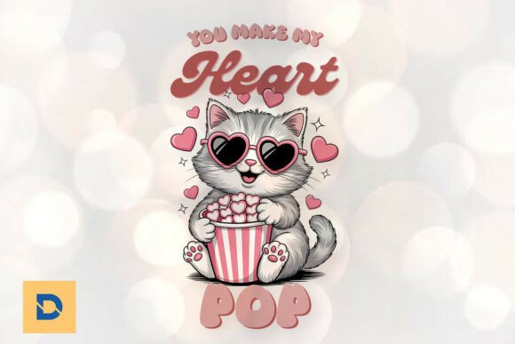 Funny Valentine Cat Heart Popcorn PNG