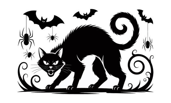 Halloween Black Cat with Spiders and Bat