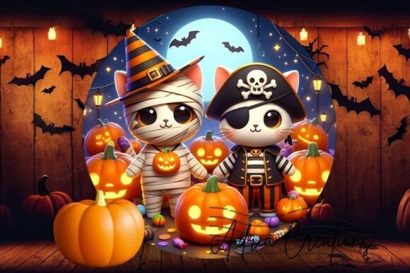 Halloween Pirate and Mummy Kitten Png