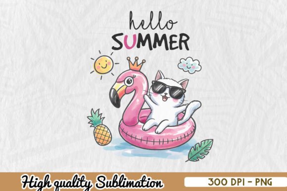 Hello Summer Flamingo Cool Cat PNG