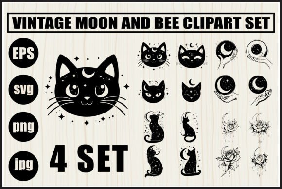 Mystical Cat Face Moon Clipart Bundle