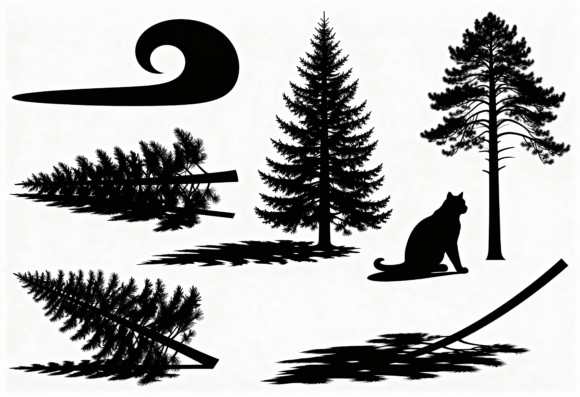 Pine Tree and Cat Silhouette Graphics