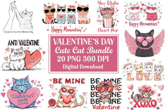 Valentine's Cat Sublimation PNG Bundle